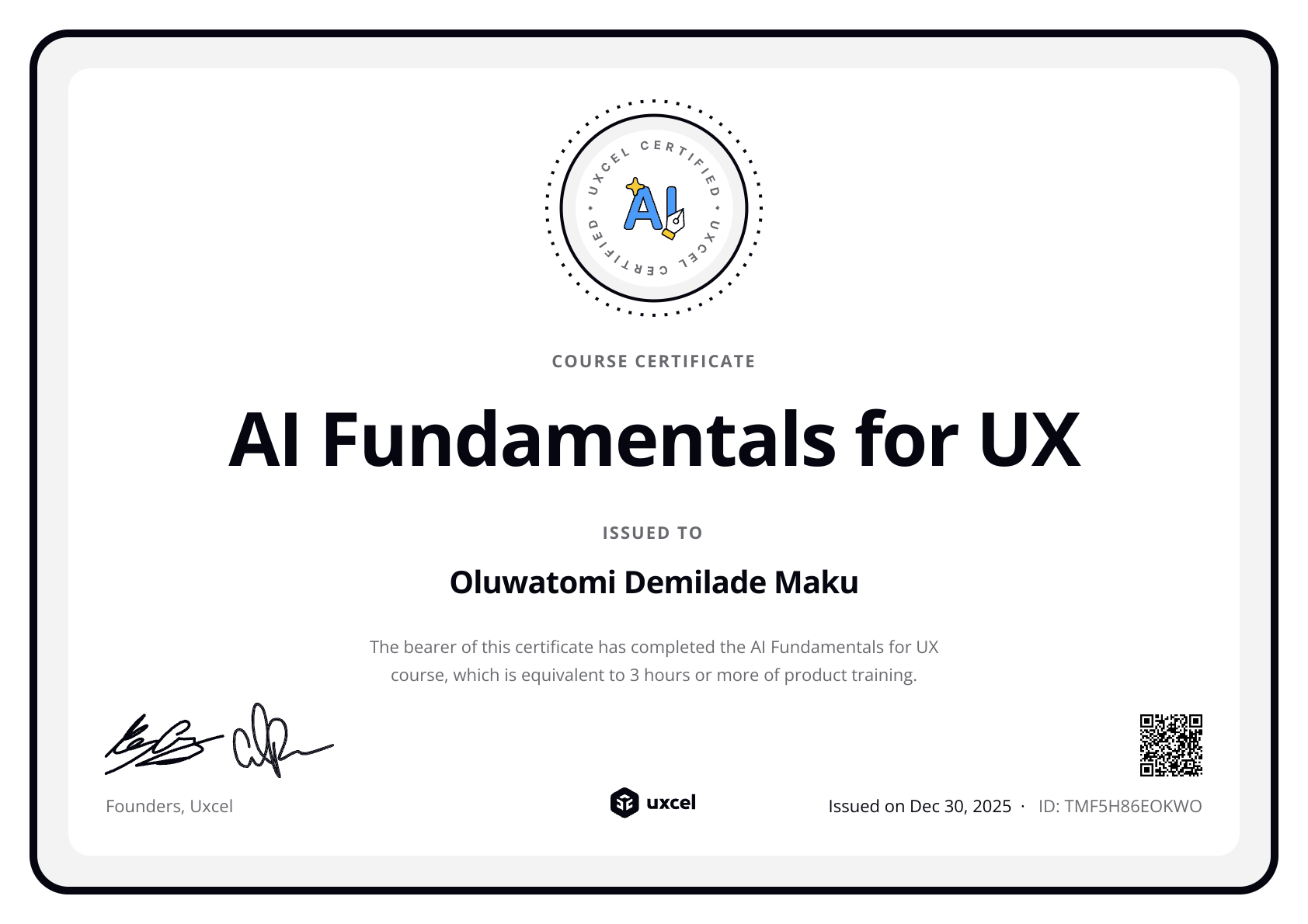 Oluwatomi Demilade Maku's certificate